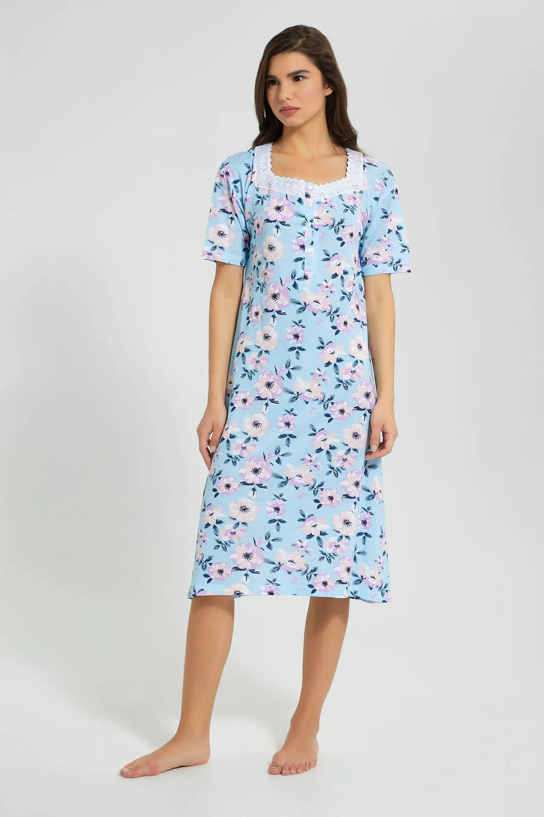 Blue Floral Nightgown With Square Neck