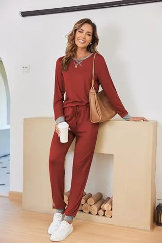 Ekouaer Women's Long Sleeve Pj Soft Crew Neck Pajama Long Sleeve Sweatshirt with Long Pants Red Plaid,Medium