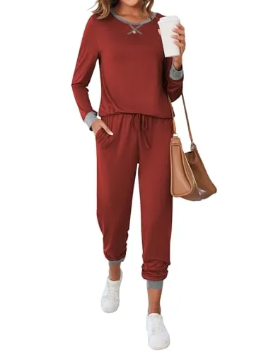 Ekouaer Women's Long Sleeve Pj Soft Crew Neck Pajama Long Sleeve Sweatshirt with Long Pants Red Plaid,Medium