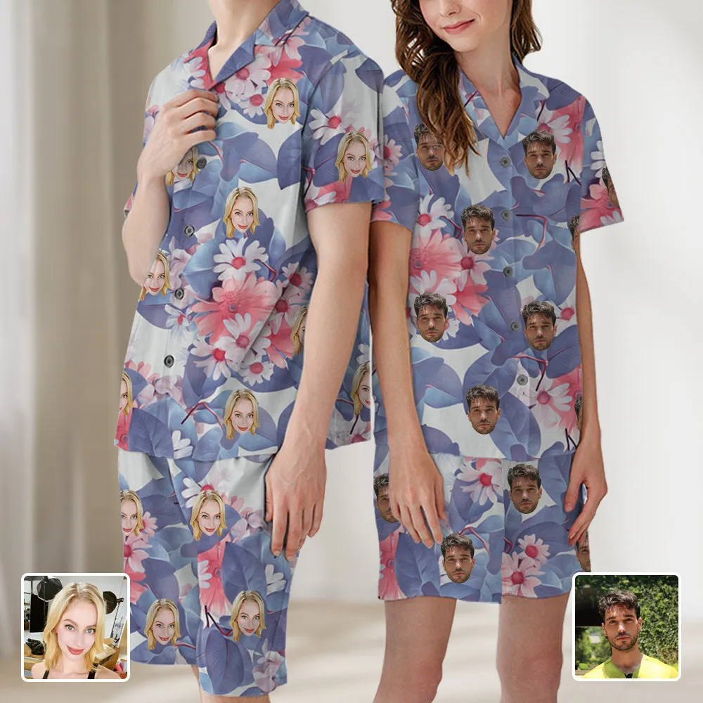 Flower Print Pajamas Custom Avatar Couple V-Neck Pajamas